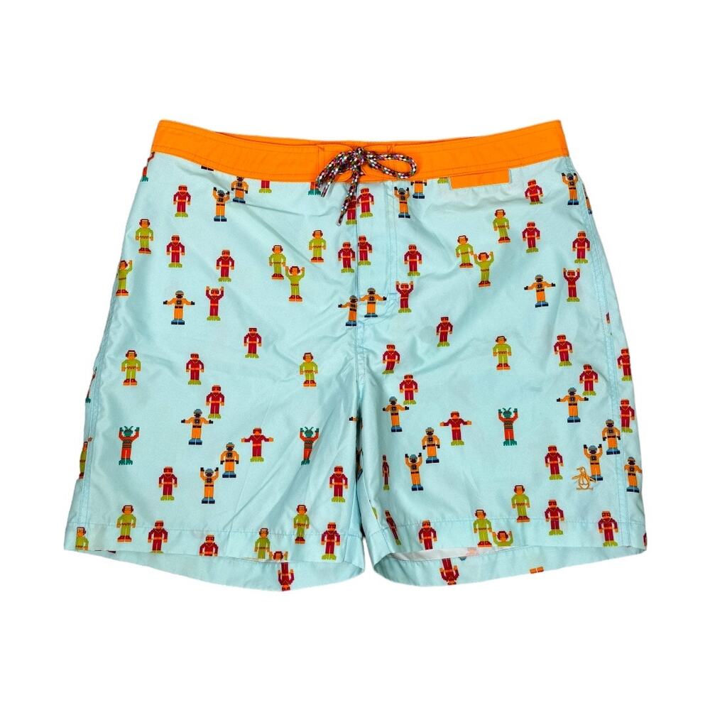 Original Penguin Men's Robot Print Swim Trunks 34 Swimsuit Blue Orange Pop Art